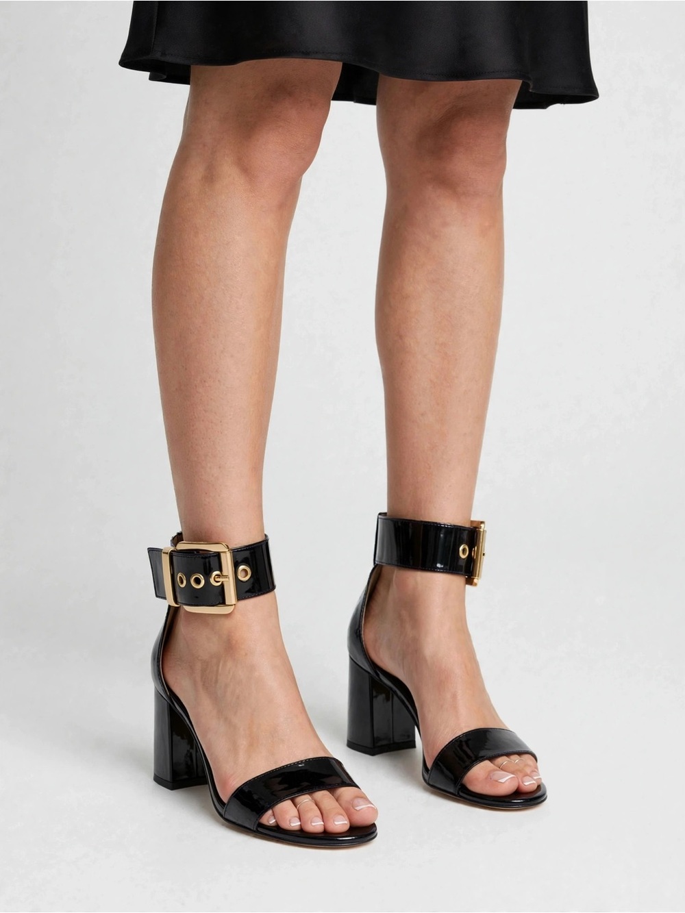 Michael Kors Black Patent Block-Heel Ankle-Strap Sandals with Gold Buckle